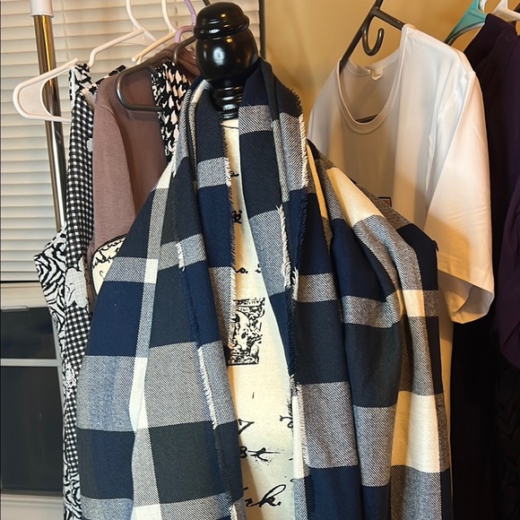 NWOT Plush Apparel- Plaid Black, Navy, and White Scarf - Picture 2 of 5